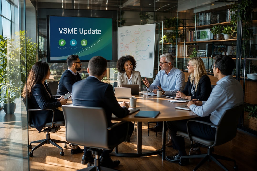 Modern Office Conference Room with ESG Whiteboard and Digital Screen