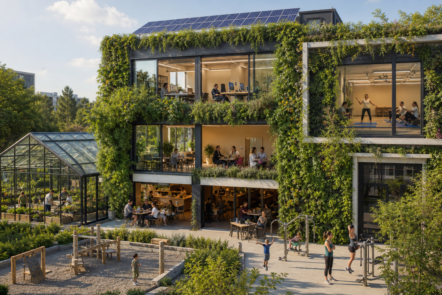 Vibrant Green Living Office Building With Solar Panels